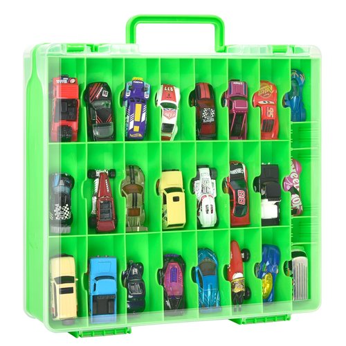 Double Sided Toy Storage Organizer Case for Hot Wheels Car, for Matchbox Cars, for Mini Toys, for Small Dolls. Carrying Box Container Carrier with 48 Compartments - Green(Box Only)