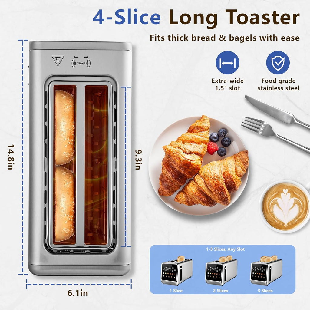 SAKAMOSH 4-Slice Smart Toaster - Touch Screen, 6 Browning Levels, Extra Wide Slots, Stainless Steel