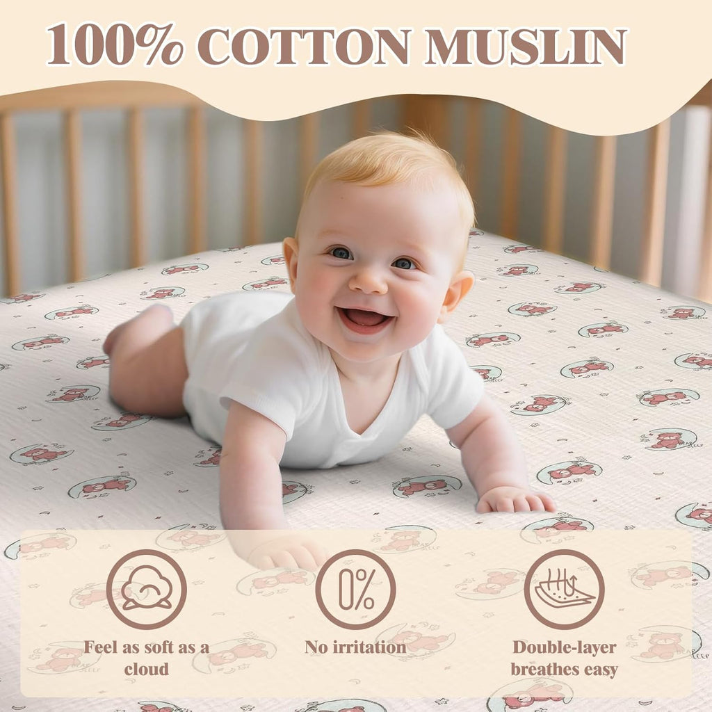 Skiennix Baby Crib Sheets - Soft Cotton Muslin | 2 Neutral Fitted Sheets for Toddler Bed 54 x 28 Inch