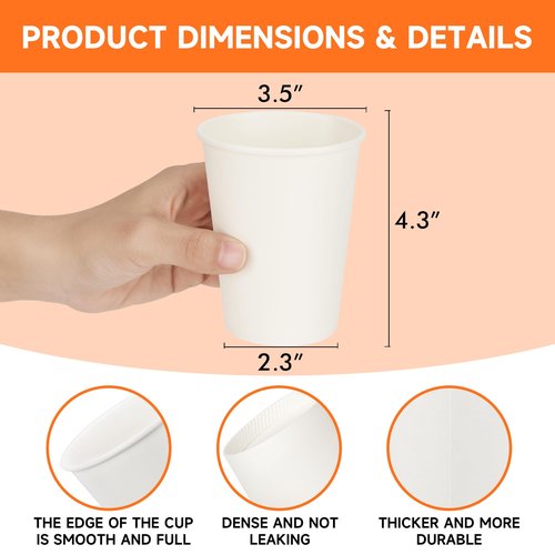 METAPRINT 500 Count 12 oz Disposable Paper Coffee Cups, White Hot Paper Cups for Cafes, Bistros, Parties, and Events