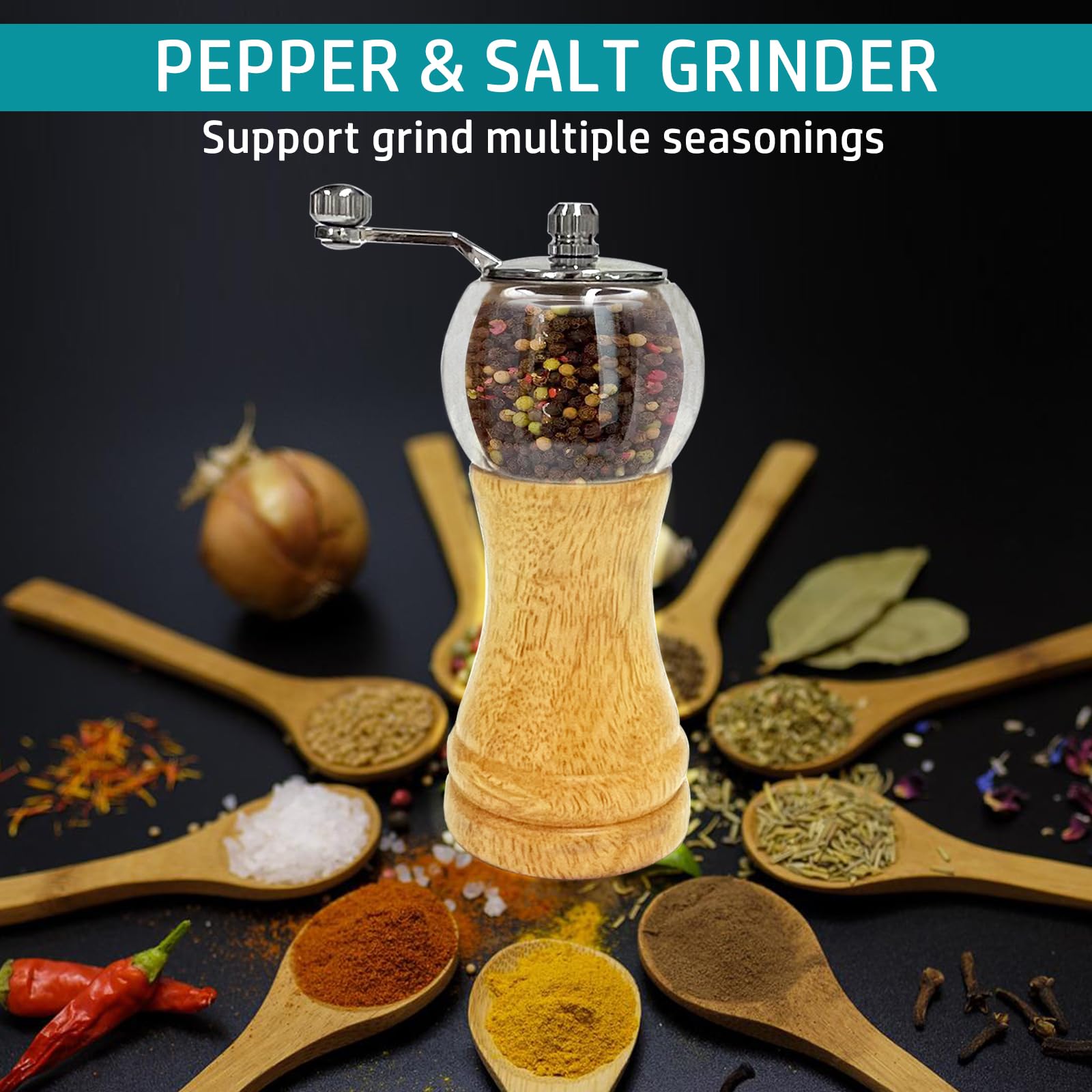 VEIZIBEE Salt and Pepper Grinder Set Wooden Pepper Salt Grinder Set Manual Pepper Mill Set Classical Hand Shake Ceramic Blades Metal Handle Wooden Pepper Shaker with Adjustable Coarseness
