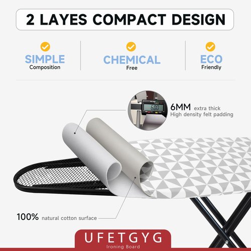 UFETGYG Ironing Board with Silicone Iron Rest pad,Extra Thick Cover,14x54 Compact and Space Saver Iron Board, Height Adjustable,Stable Structure, Easy to Fold, Gray and White