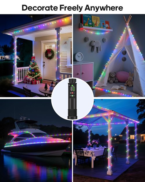 Rope Lights, Rechargeable 79FT 240LED Outdoor Waterproof String Lights with 1200mah Portable Rechargeable Battery, Timing & 8 Modes for Party Christmas Camping DIY Tree trampoline - Multicolor 2 Pack
