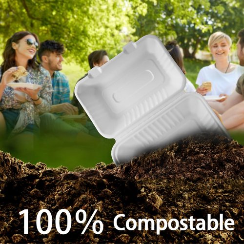 Lxins ECO 9x6 Inch Heavy Duty Clamshell Take Out Containers 【75 Pack】, Compostable Bagasse Food Boxes with Lids, Disposable To-Go Containers for Lunch, Salad, Meal Prep