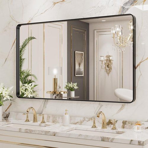 LOAAO Black Metal Framed Bathroom Mirror - 40x24 Inch Rounded Rectangle, Anti-Rust, Versatile Hanging Options
