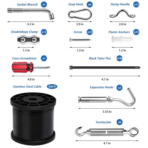 Toyeah 1/16" Wire Rope Kit with 300FT Vinyl Coated 304 Stainless Steel Wire Rope with M5 Turnbuckle, 7x7 Strand Core Tensioner Kit for String Light Hanging, Garden, Clothes Line and Plant Climbing