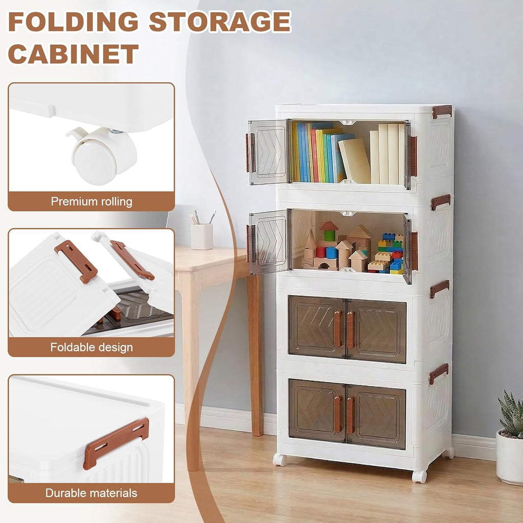 Skiennix 4-Tier Storage Bins - Stackable, Foldable Organizers with Lids & Wheels | Transparent Door