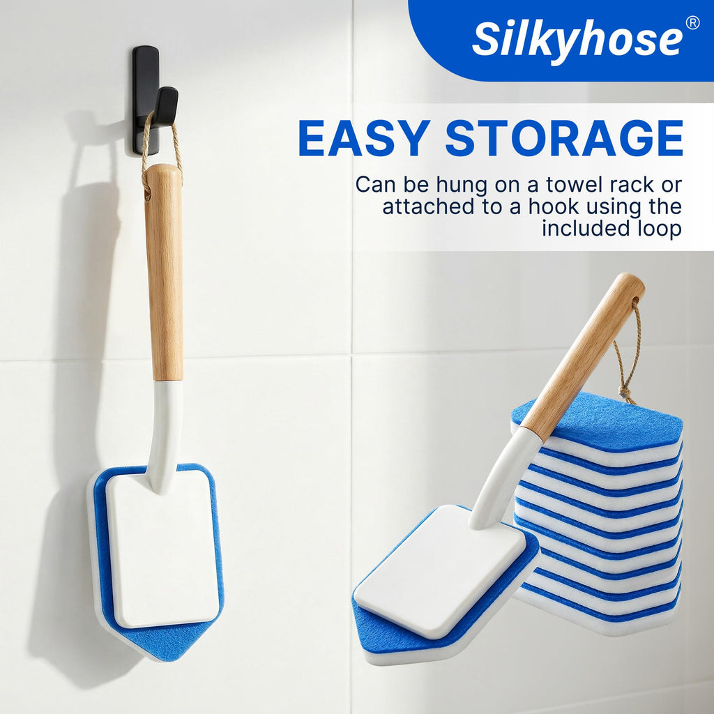 Tub Tile Scrubber Brush – 2 Pack with Wooden Handle, Includes 10 Melamine Sponge Eraser Heads | Non-Scratch Cleaner for Bathtub, Shower Wall, Grout, Kitchen Sink