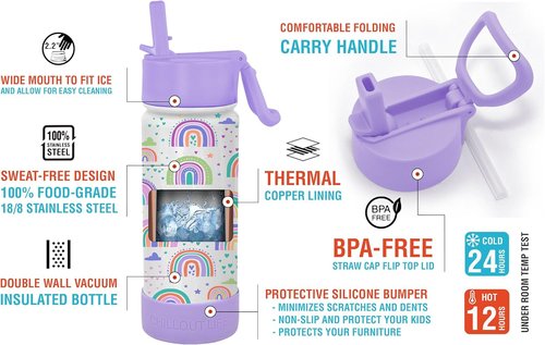 Chillout Life Insulated Kids Water Bottle - 17 oz Leakproof Thermos with Straw Lid & Cute Stickers