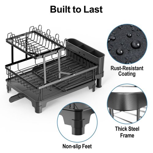 GSlife 2 Tier Dish Drying Rack with Drainboard, Expandable Large Dish Drainer for Kitchen Counter, Rust Resistant Dish Drainer with Cup Holder & Utensil Holder, 12.6" W x 18.7"-25.2" L, Black