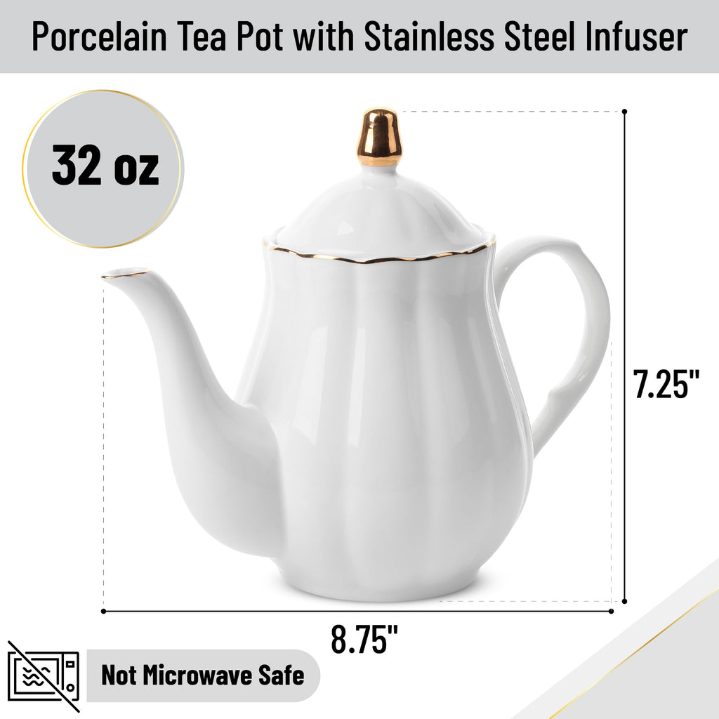 BTaT- Porcelain Tea Pot with Stainless Steel Infuser, 32 oz, White, Tea Pot with Gold Trim, Teapot with Infuser, Porcelain Teapot, Tea Brewing Pot, Teapots for Loose Tea