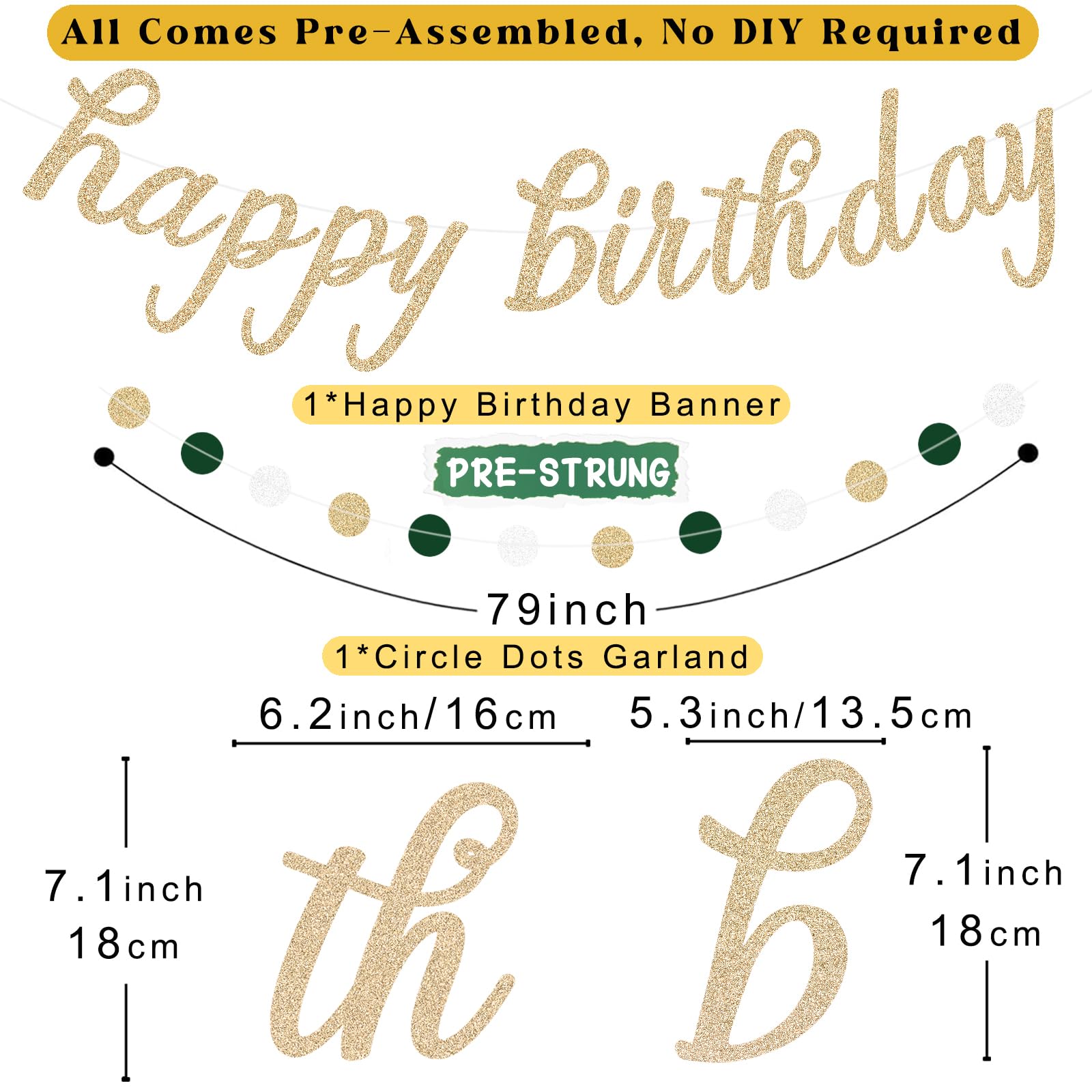 Sage Green Happy Birthday Decorations, Pre-Strung Happy Birthday Banner with Honeycomb Balls, Paper Flowers, Lanterns, Hanging Swirls, Circle Dots Garland for Birthdays Party Decorations 24pcs