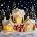 Skiennix White Ceramic Christmas Village Houses Set - 3 Light-Up Figurines with 4 Trees for Holiday Decor