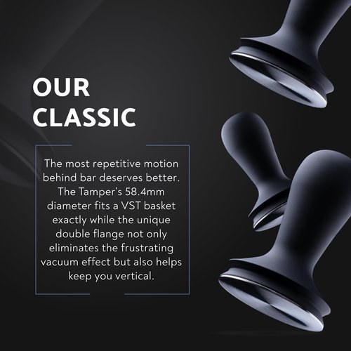 Barista Hustle Espresso Press Tamper 58.4 mm, Premium Barista Coffee Tamper, Black Anodised Aluminium Handle, 304 Stainless Steel Base, Elegant and Lightweight Design