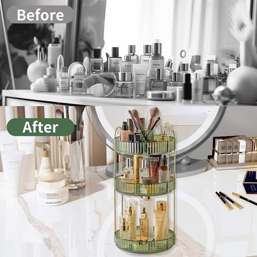 Asayuee 360° Rotating Makeup Organizer - Large 3-Tier Storage for Cosmetics & Skincare | Green