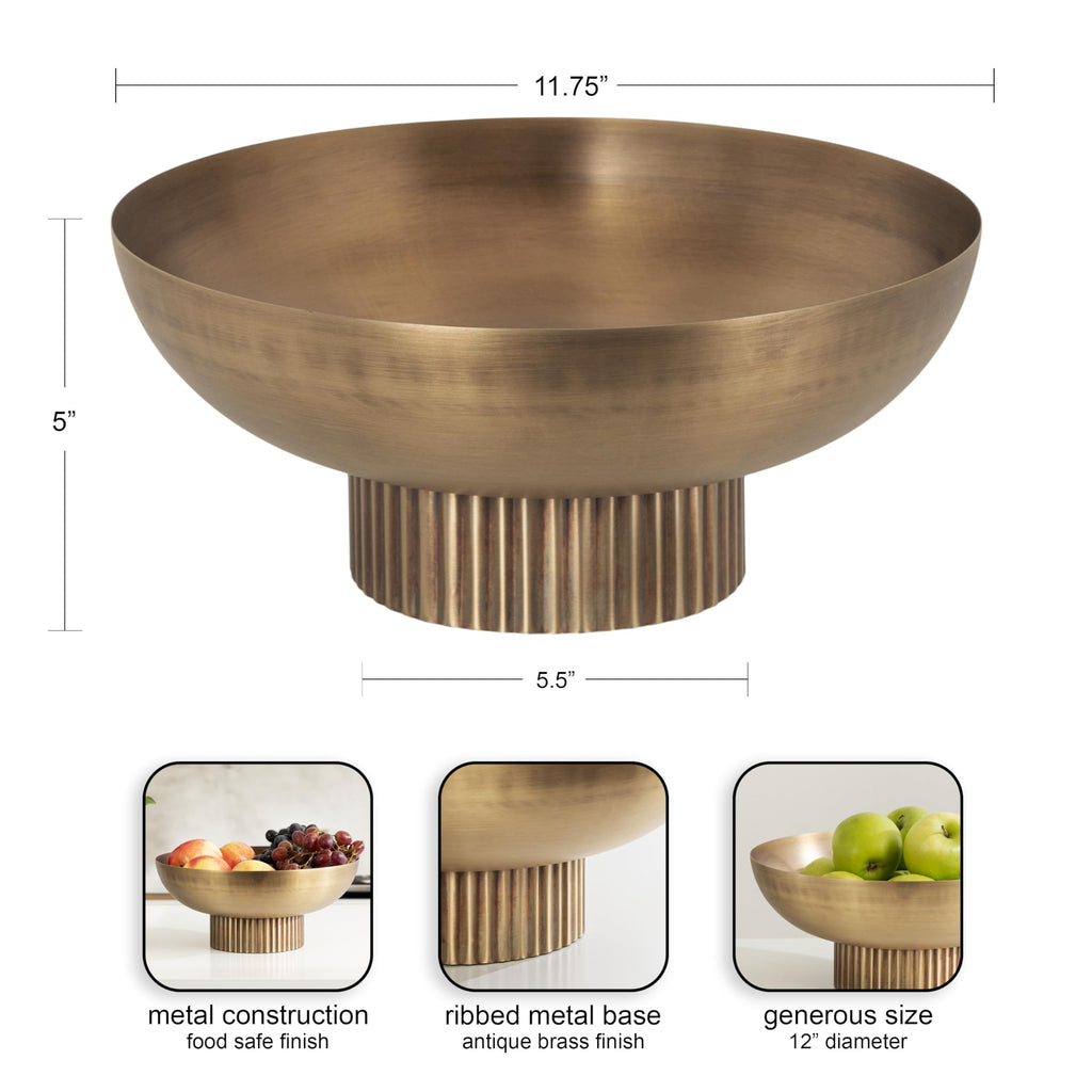 Kate and Laurel Rooks Ribbed Decorative Metal Bowl; 12 Inch Diameter; Brass; Modern Raised Fruit Bowl for Kitchen Counter or Use as a Key Bowl for an Entryway Table