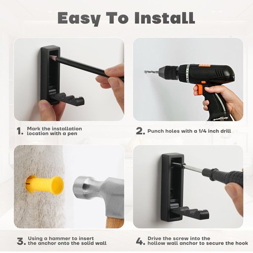 VOSEPO Folding Wall Hooks, 4pcs Foldable Coat Hooks, Heavy Duty Zinc Alloy No Rust Fold Up Hooks for Coat, Towel, Key, Hat, Bag, Jacket, Backpack (Matte Black)