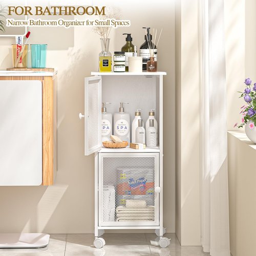 Small Bathroom Storage Cabinet with Movable Wheels, Wooden Bathroom Standing Shelf with 2 Metal Doors, Slim Bathroom Storage Cart for Small Spaces, Laundry, Kitchen, Narrow stand Storage Unit, White