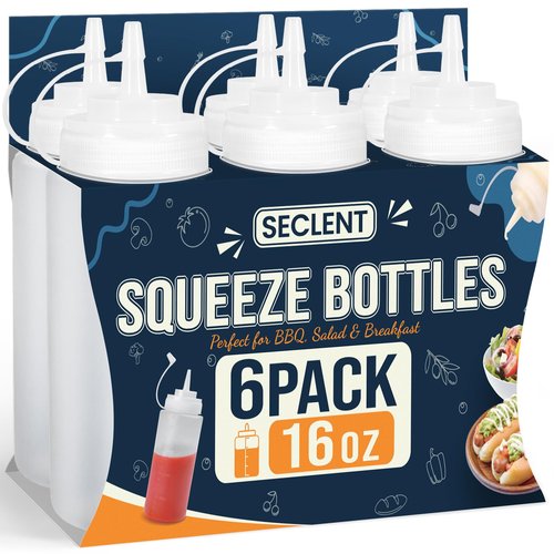 SECLENT 16 oz Condiment Squeeze Bottles, Squirt Bottles for Sauces, Ketchup, Plastic Squeeze Bottle for Liquids, Leak Proof, Dressing Bottle for Syrup, Pancake Batter, oil, Arts and Crafts, Pack of 6