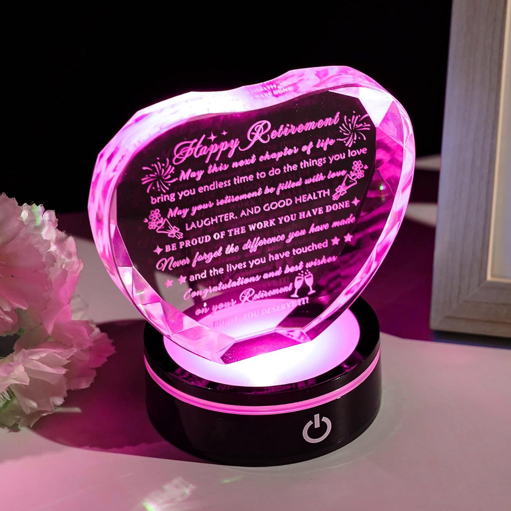 YWHL Retirement Gifts - LED Base Crystal Heart Keepsake | Perfect Farewell Gift for Retirees, Friends & Bosses