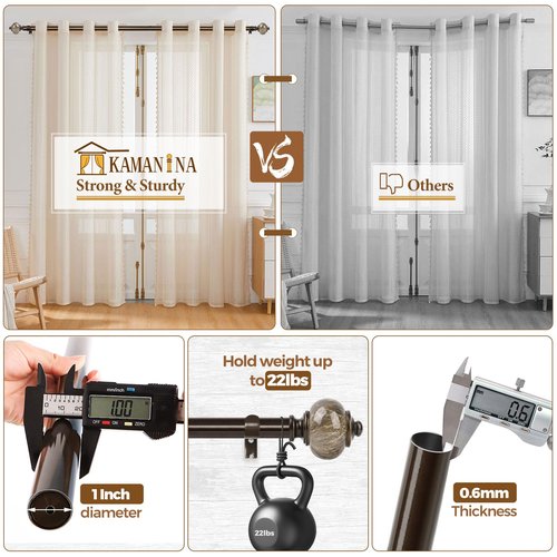 KAMANINA 1 Inch Curtain Rods for Windows 66 to 120 Inches Bronze Heavy Duty Curtain 32 to 120 (2.6-10ft), Adjustable Long Drapery Rods with Marbled Finials