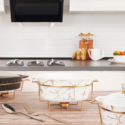 jinsongdafa 9-inch Ceramic Casserole with Glass Lid and Gold Rack, 2.6-Quart Stockpot, Buffet Hot Pot, Family Food Warming Tray, Party Catering Casserole