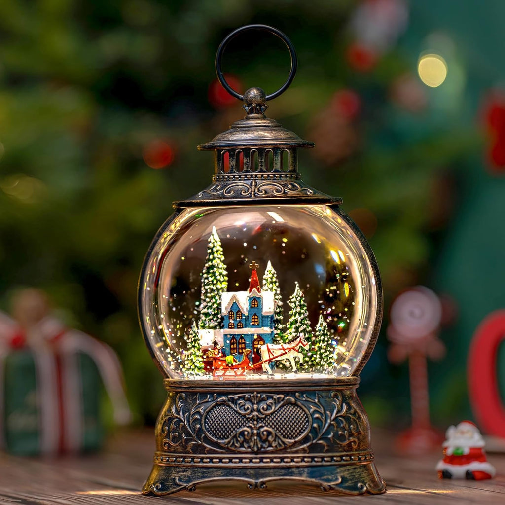 Regine Switzerland Christmas Snow Globe - Musical Water Lantern with Carriage & 6H Timer | USB/Battery Operated for Festive Decor