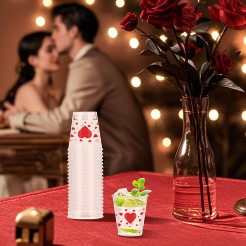 Taikula 60 Pcs 1.5oz Disposable Heart Shot Glasses for Valentine's Day - Romantic Red Pink Plastic Shot Cups Bulk, Couples Celebration & Love Party Decorations (60, Red, Pink Heart)