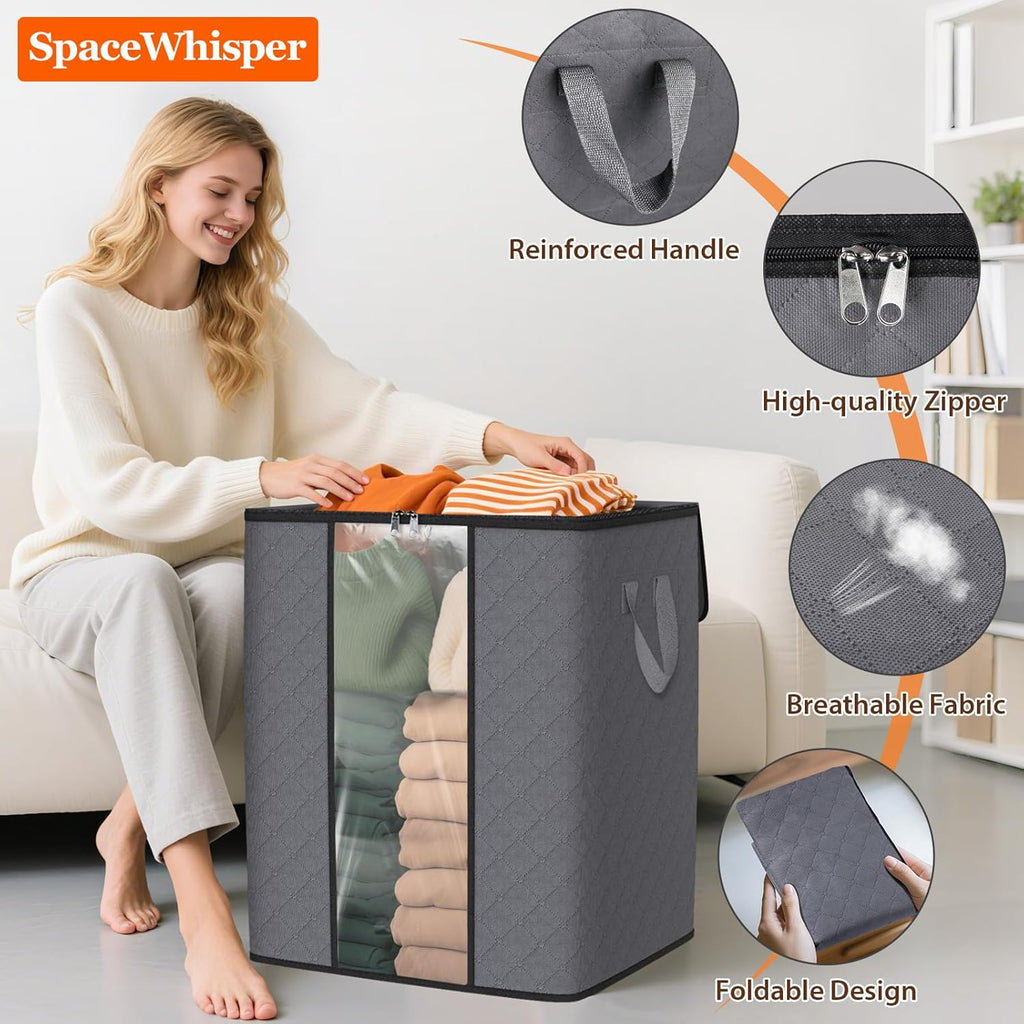 SpaceWhisper 100L Clothes Storage Bags - Foldable Thick Fabric Organizers for Bedroom & Closet | Grey 3-Pack