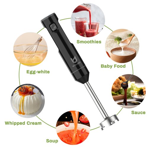 Cordless Hand Blender, UTALENT Variable Speed Immersion Blender handheld Rechargeable, with USB-C Charging Cable, Egg Whisk, for Smoothies, Milkshakes, Hummus and Soups – Black