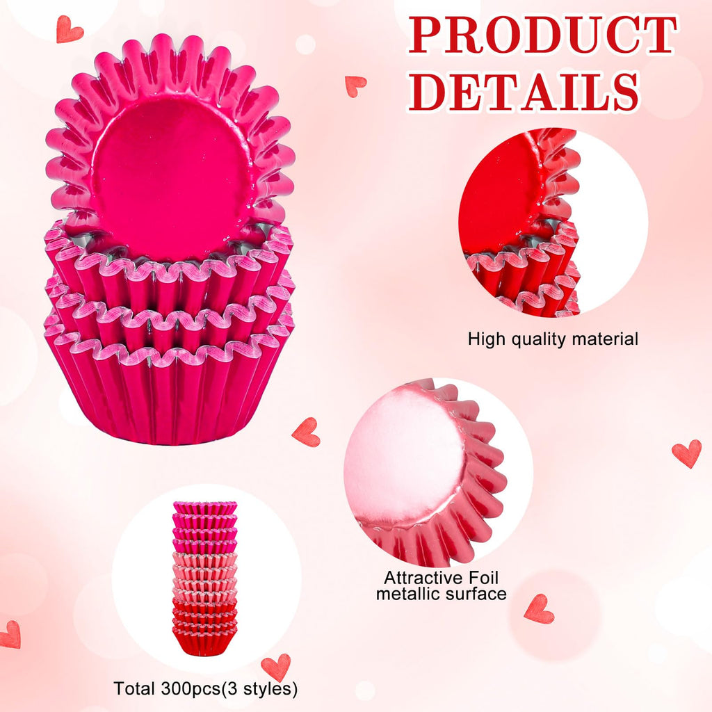 Whaline 300Pcs Valentine's Day Mini Foil Cupcake Liners Baking Cups Red Pink Gradient Foil Metallic Cupcake Wrappers Muffin Liners for Wedding Anniversary Birthday Party
