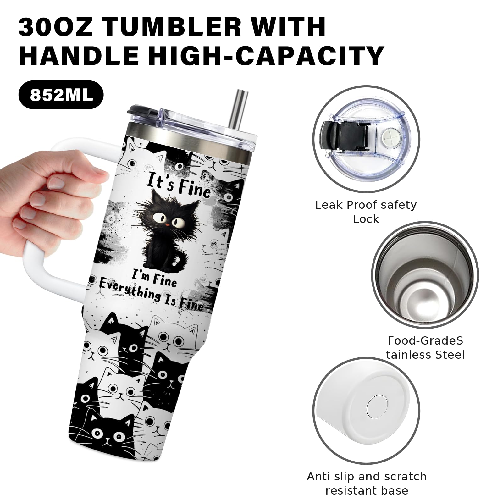 CGMIBAS Cat Lover Gifts, Gift for Cats Lovers Women Men Girls Funny 30oz Black Cats Themed Tumbler Cups with Handle - Everything Is Fine Mug, Christmas Birthday Gift for Black Cat Mom Lady Gifts Cup