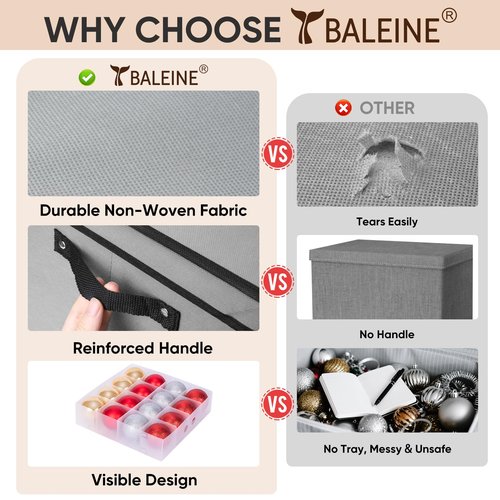 BALEINE Christmas Ornament Storage Box with Dividers, Premium Holiday Ornaments Storage Container Bin for Xmas Decorations (64 Ball, Black, Hard)