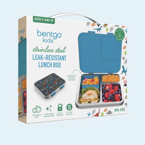 Bentgo Kids Stainless Steel Prints Leak-Resistant Lunch Box - 3-Compartments with Bonus Silicone Container, Durable, Eco-Friendly, Dishwasher Safe, BPA-Free, Ideal for School, Ages 3+ (Dinosaur)
