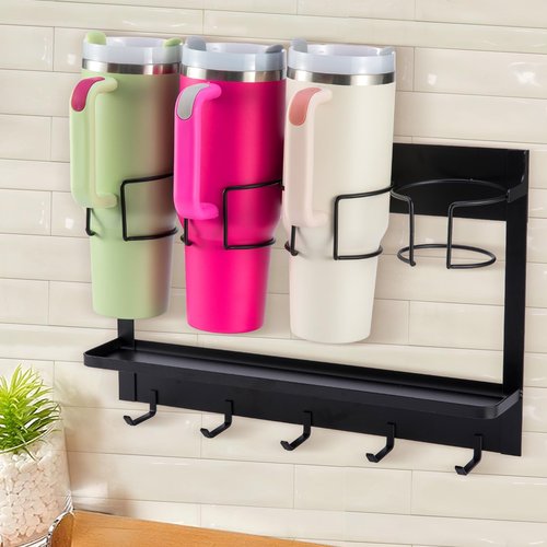 CINPIUK Water Bottle Organizer Holder, Magnetic Cup Rack Storage for Stanley & Large Tumbler, Space Saving Wall Mount Bottle Organizer with 5 Hook, Easy to Install, Black