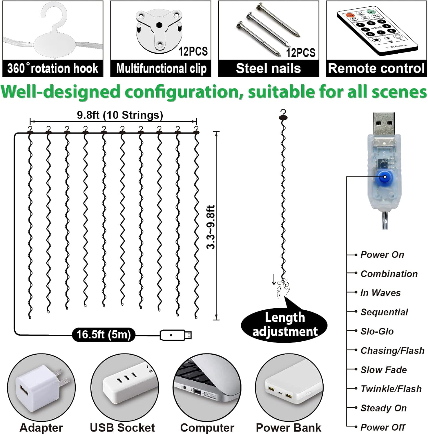 ZSJWL 300 LED Curtain Fairy Lights - Remote Control, 8 Modes, 9.8x9.8 Ft, Warm White Twinkle Lights for Bedroom & Events