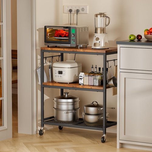 NEHAJUNXI 3 Tier Rolling Kitchen Microwave Cart with 6 Hooks, Utility Cart Storage Table Stand on Lockable Wheels, Small Coffee Shelf Rack Organizer,Brown