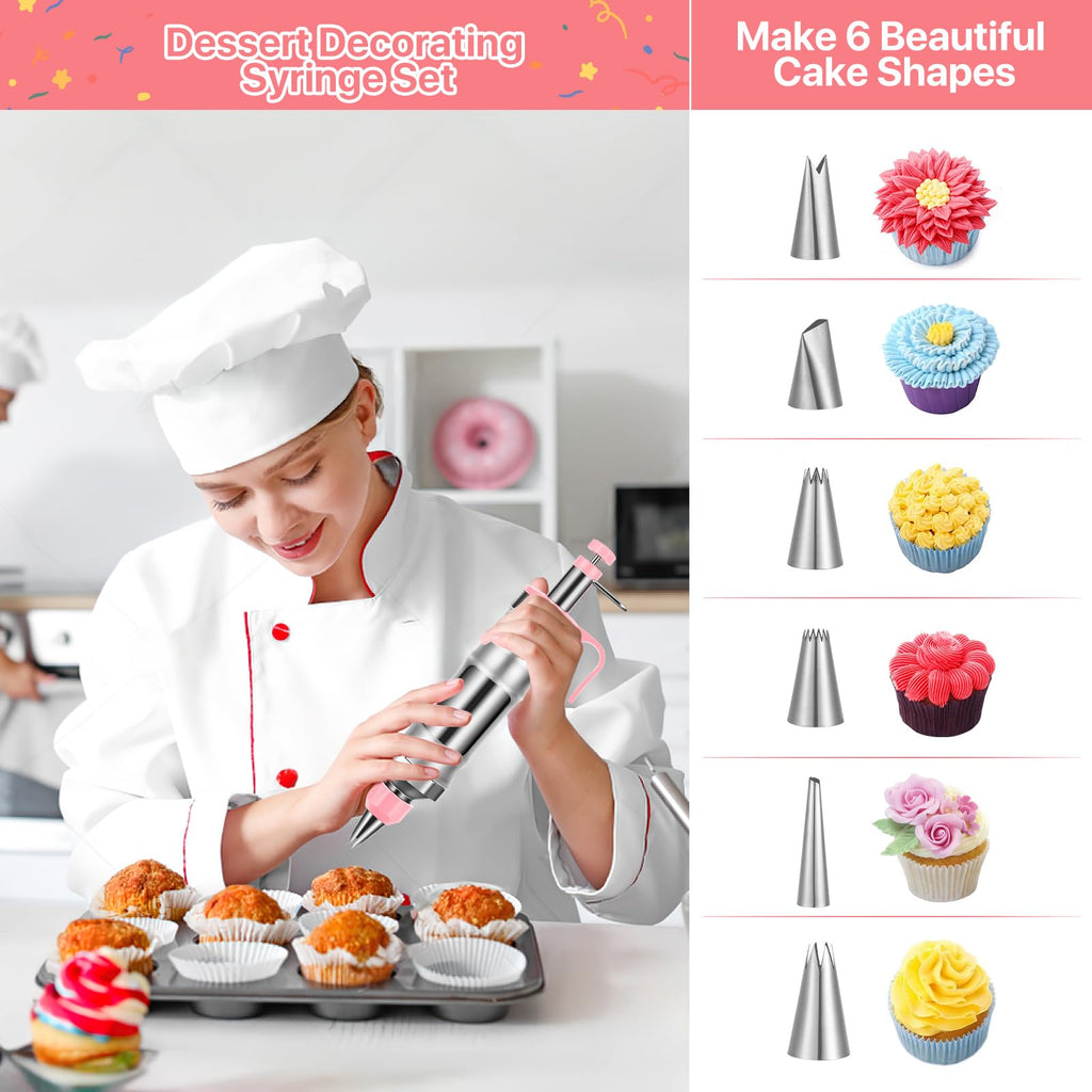 Icing Decoration Gun Set, Stainless Steel Dessert Decorating Syringe Set, Cupcake Frosting Filling Injector with 6 Icing Nozzles, 3 Cream Scraper, 2 Offset Spatula, 2 Nozzle Brush for Kitchen Baking