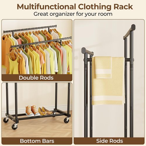 HYSEYY Rolling Clothes Rack - Sturdy Metal Garment Rack for Bedroom & Laundry | Portable Black Wardrobe