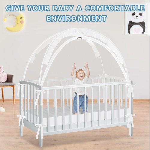 Crib Tent - Crib Net to Keep Baby in, Stop Baby from Climbing Out of Crib, Pop Up Baby Crib Tent with Double Zip Strong Rods and Breathable Net Clear Visibility Easy to Install (White, Large)