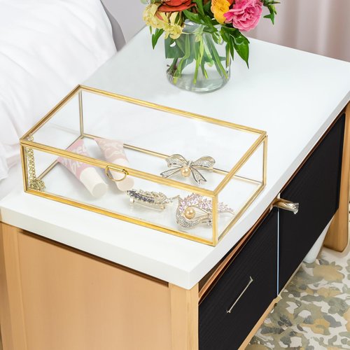 ZEXALOR Clear Glass Decorative Box for Organizing Photos, Jewelry, Small Items - Golden Dresser Drawer Organizer, Transparant Small Storage Bin Container with Lid (Upgrade, 8x4,3x2,3")