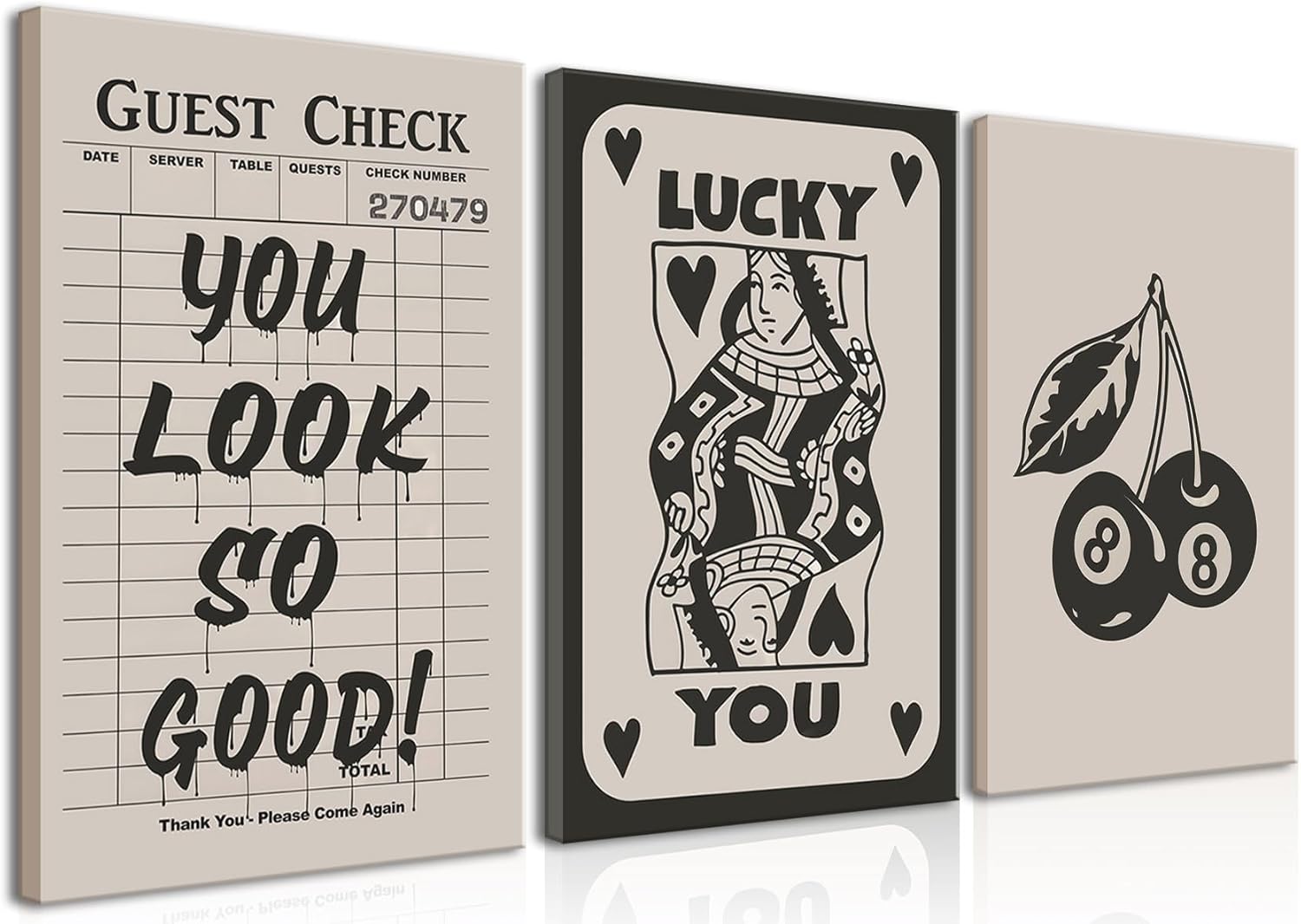 Skiennix Fashion Poker Canvas Wall Art Set of 3 - Vintage Queen & Lucky You Prints | Framed 12x16'' Decor for Bedroom & Living Room