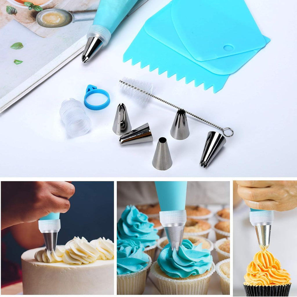 Skiennix 34-Piece Cake Decorating Set - 24 Stainless Steel Tips, 2 Silicone Bags & Icing Smoothers