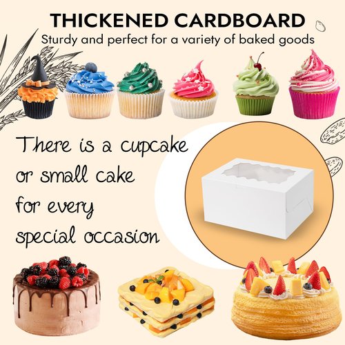 JCD 8 Packs Bento Cake and Cupcake Box 3 Holes Fit 2 Cupcakes and 1 Mini Cake Box with Clear Window and Stickers for Wedding Birthday Party Bakery Baking Supplies (1+2/8pcs)