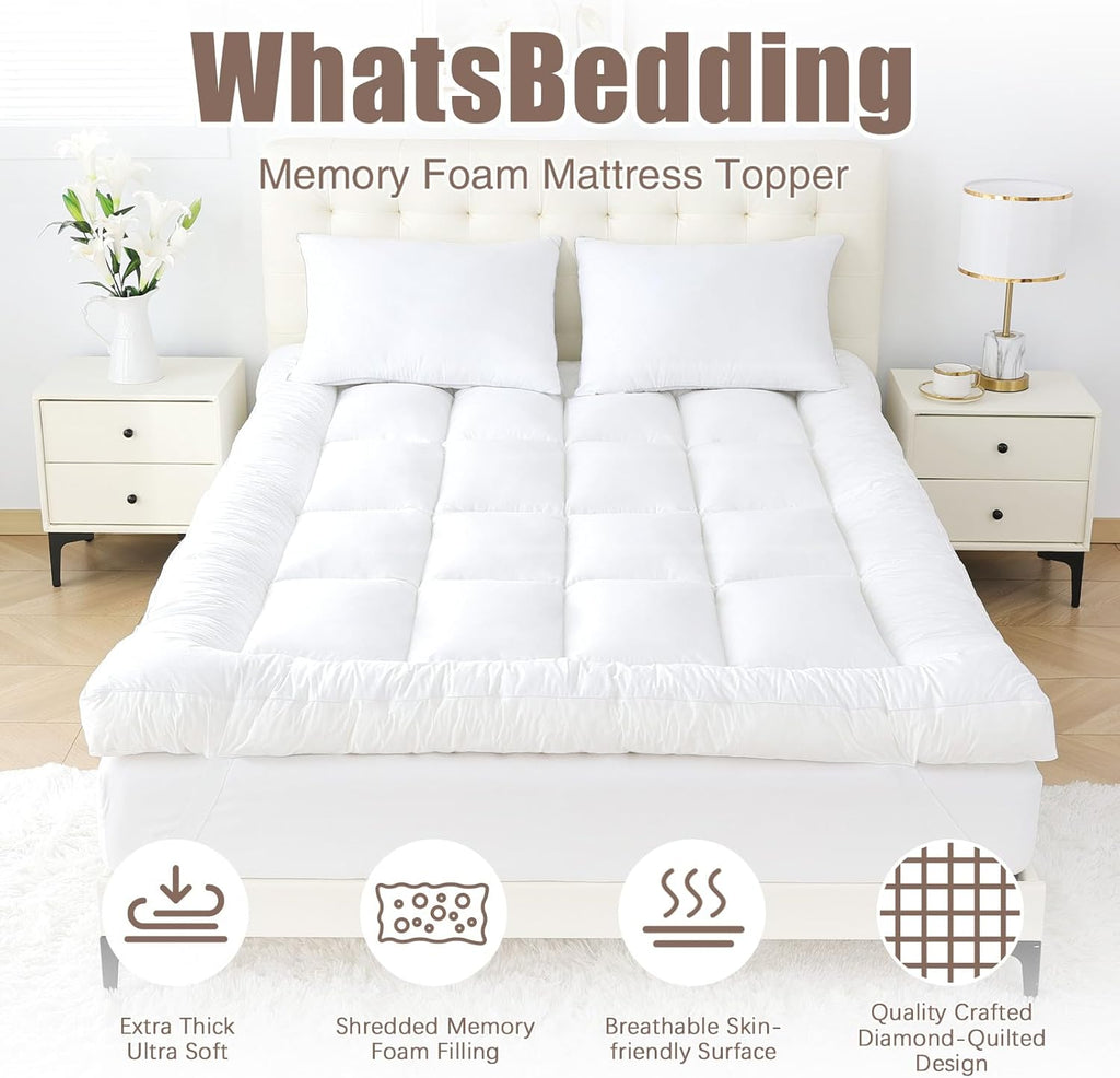 WhatsBedding 5-Inch Memory Foam Mattress Topper - Queen Size for Back Pain Relief | Soft & Breathable Support
