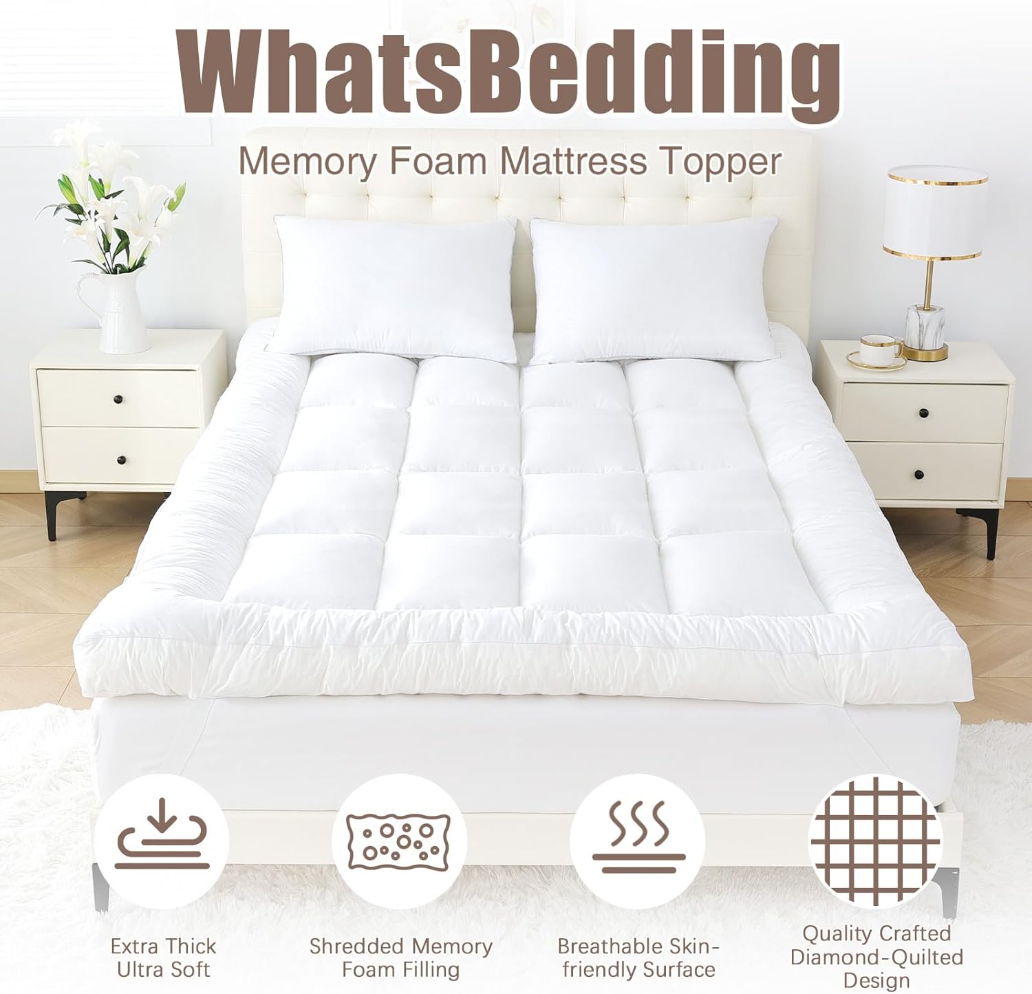 WhatsBedding 5-Inch Memory Foam Mattress Topper - Queen Size for Back Pain Relief | Soft & Breathable Support