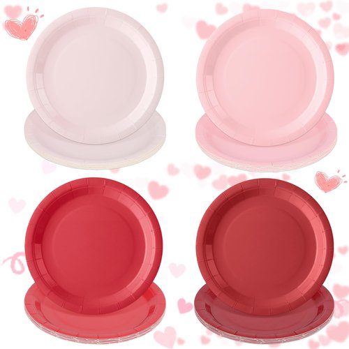AimFun 48 Pcs Red Pink Paper Plates Valentines Day Gradient Color Party Plates 7 Inch Disposable Round Dessert Cake Plates for Baby Bridal Shower Birthday Mother's Day Party Supplies