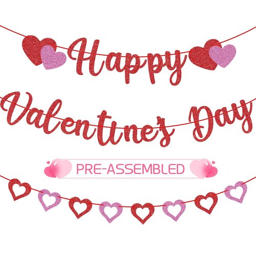 GULWAT Glitter Happy Valentines Day Banner, Glitter Red Pink Hanging Paper Heart Banner for Valentines Party Decorations Home School Classroom Office Hanging Wedding Anniversary Party Decor
