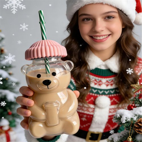 Child interest 2026 New Pink Bear Straw Cup, 20oz Cute Bear Glass Tumbler with Reusable Straw - Viral Animal Design for Smoothies, Boba & Iced Coffee