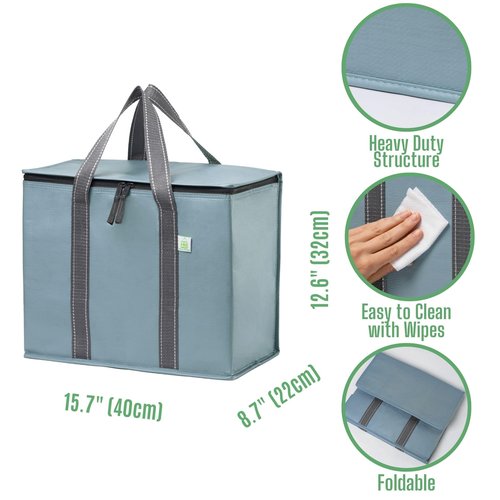 VENO 2 Pack Cooler Bag and Insulated Grocery Bags for Food Delivery, Collapsible Cooler. Reusable Shopping Bags for Groceries with Hard Bottom, Zippered, Foldable, Heavy-Duty (Light Blue, 2 Pack)